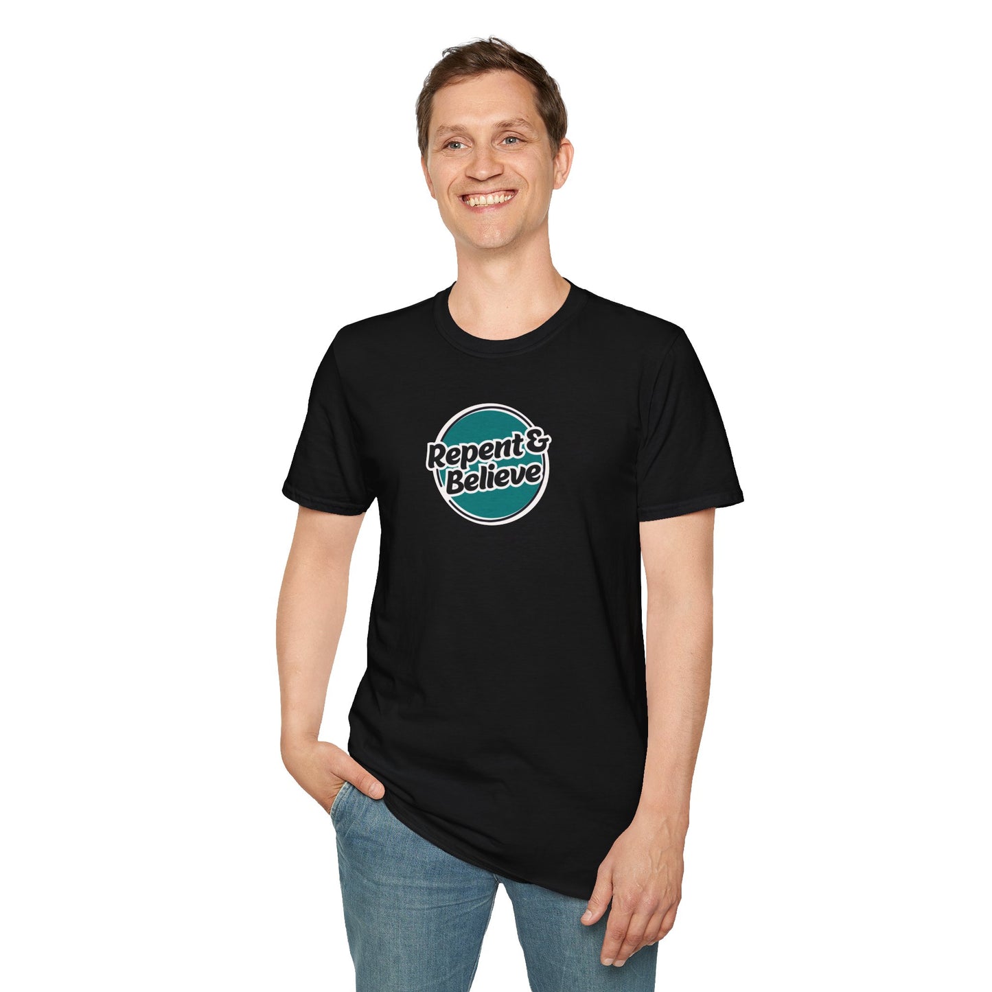 repent & believe men's softstyle t-shirt