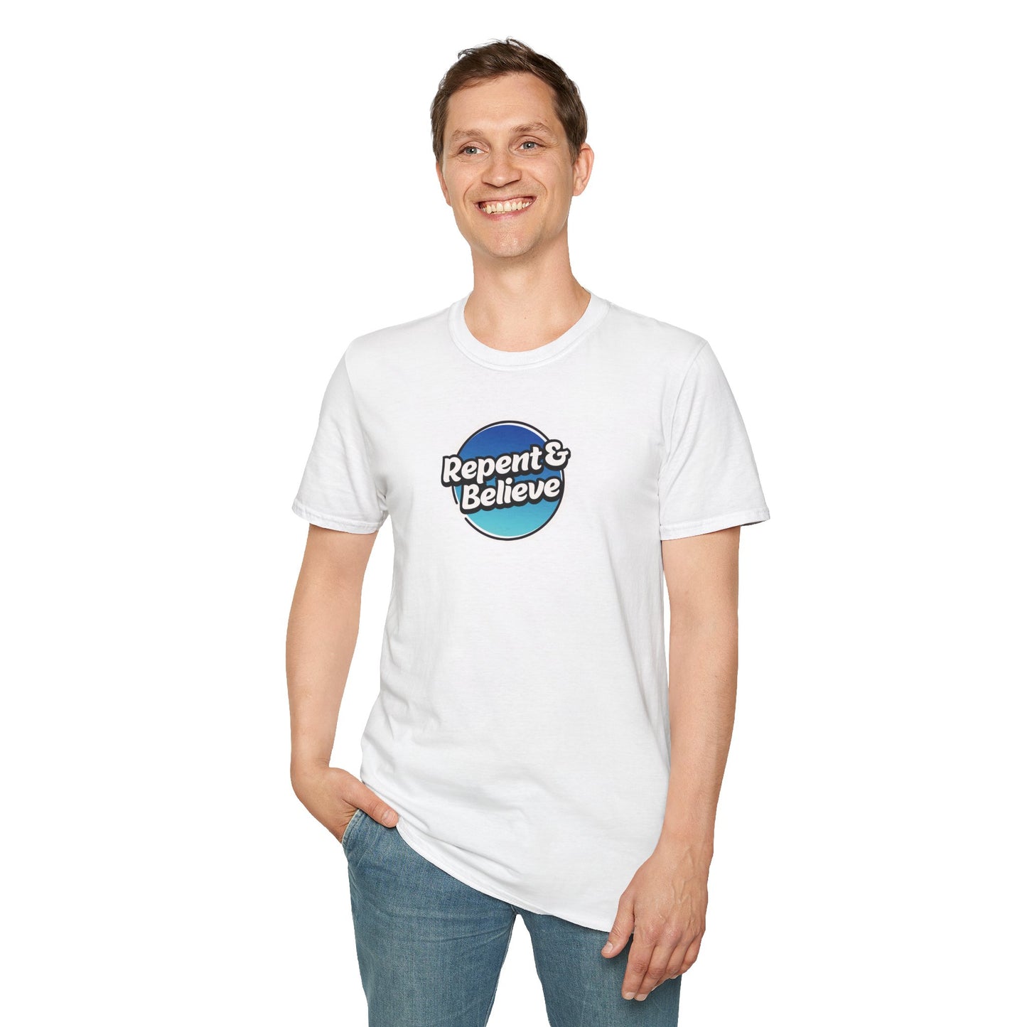 repent & believe men's softstyle t-shirt
