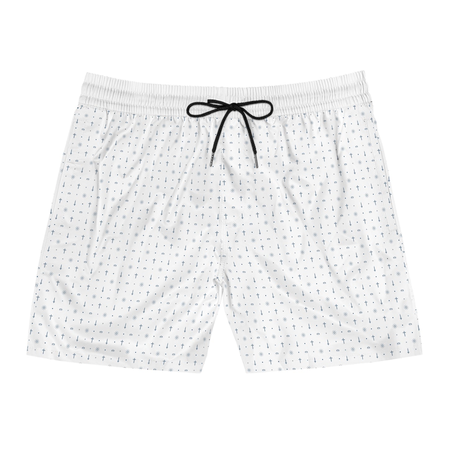 white patterned men's mid-length swim shorts