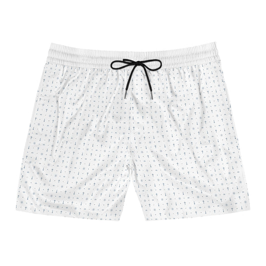 White Patterned Men's Mid-Length Swim Shorts