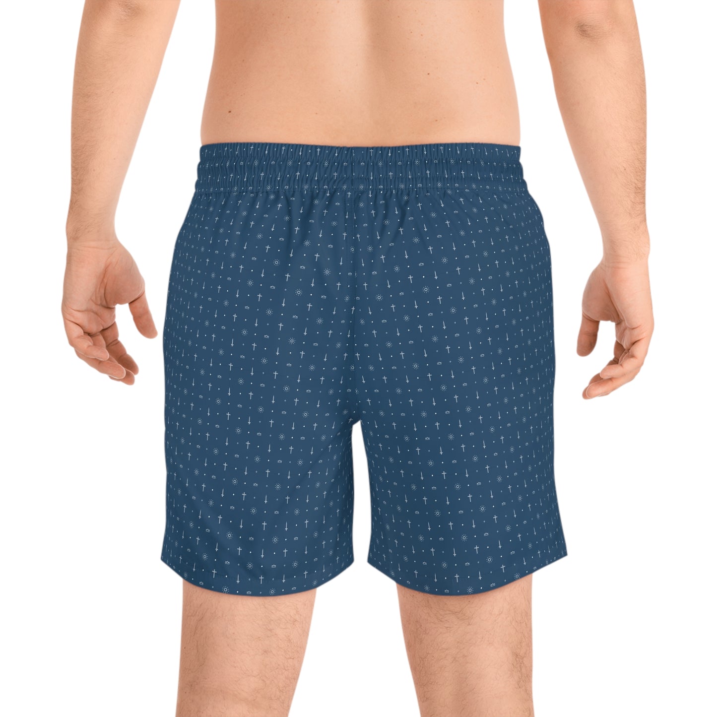 navy patterned men's mid-length swim shorts