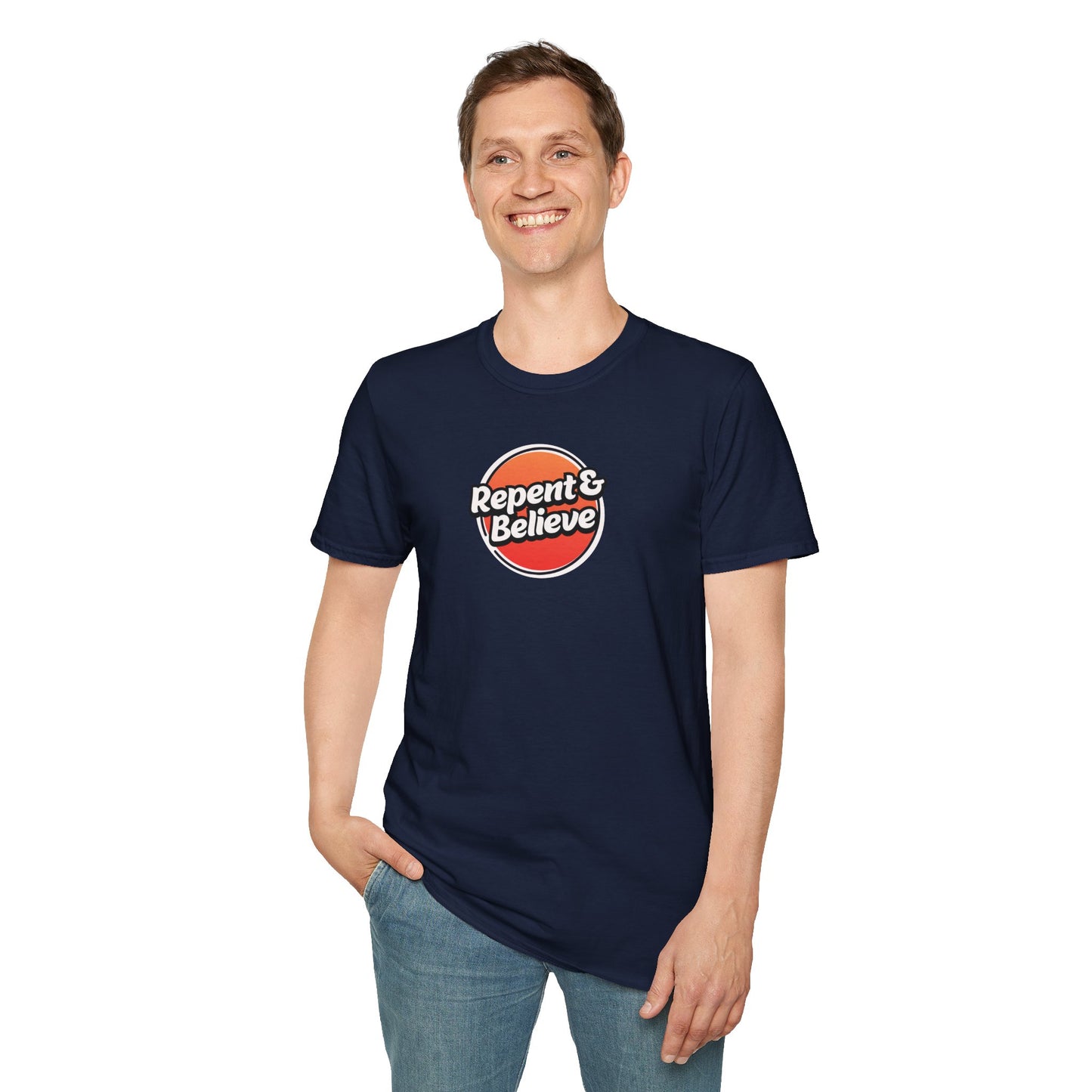 repent & believe men's softstyle t-shirt