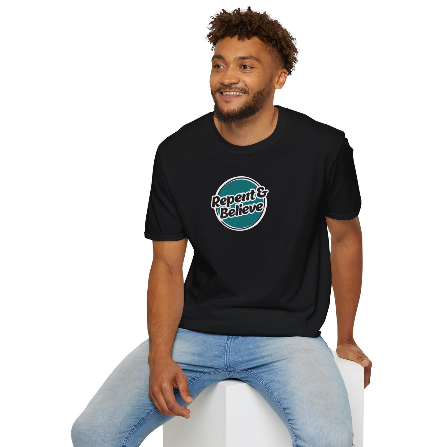 repent & believe men's softstyle t-shirt
