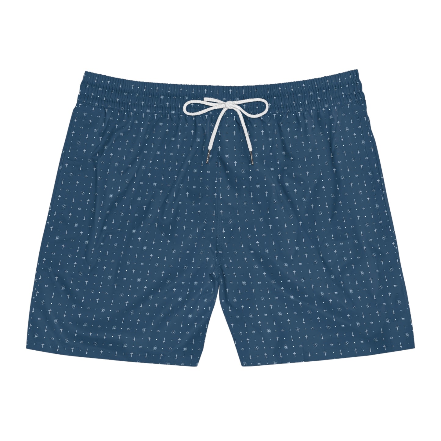 navy patterned men's mid-length swim shorts