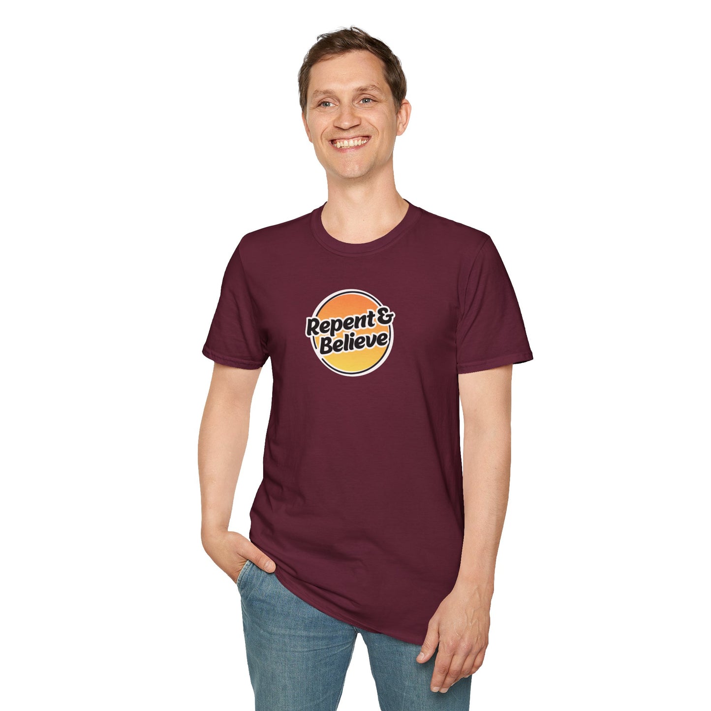 repent & believe men's softstyle t-shirt
