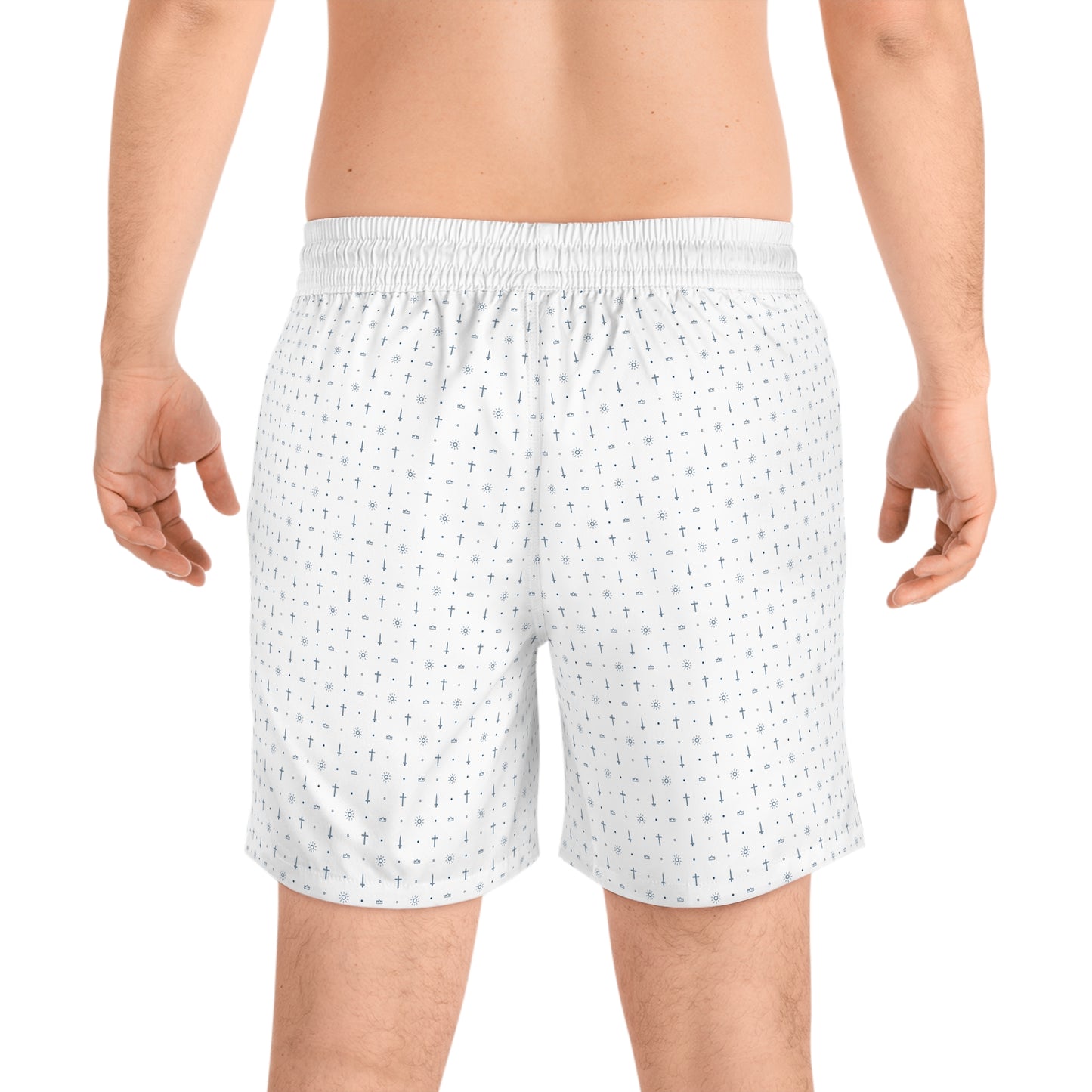 white patterned men's mid-length swim shorts